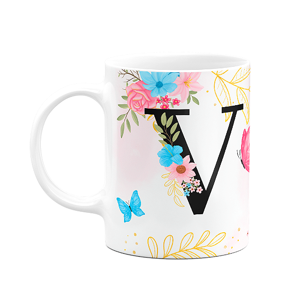 Caneca Floral Garden - Inicial do nome letra V - 325ml