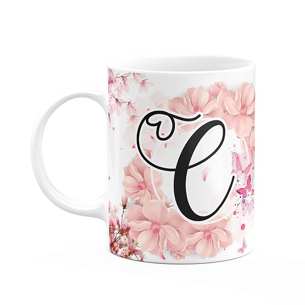 Caneca Floral Religiosa - Inicial do nome letra C - 325ml