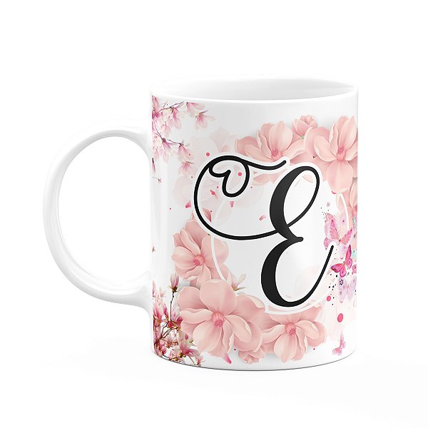 Caneca Floral Religiosa - Inicial do nome letra E - 325ml