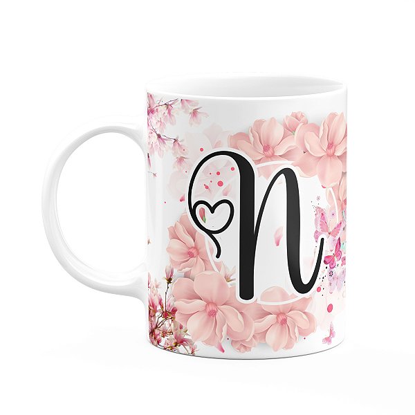 Caneca Floral Religiosa - Inicial do nome letra N - 325ml