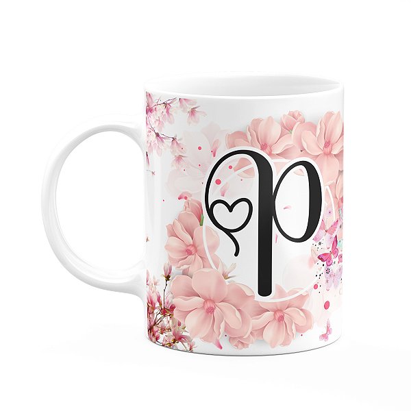 Caneca Floral Religiosa - Inicial do nome letra P - 325ml