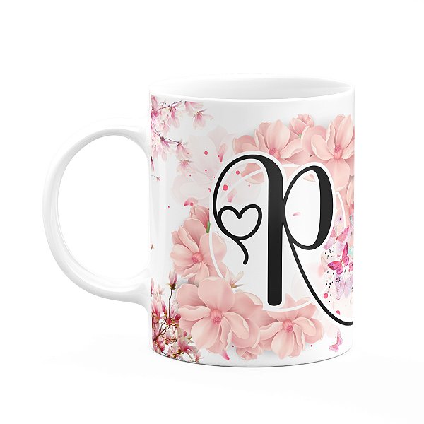 Caneca Floral Religiosa - Inicial do nome letra R - 325ml
