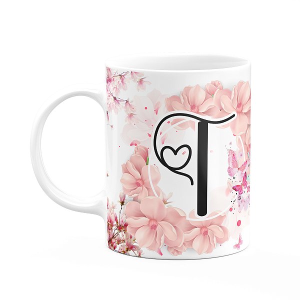 Caneca Floral Religiosa - Inicial do nome letra T - 325ml