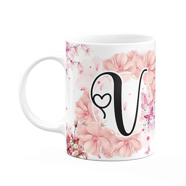 Caneca Floral Religiosa - Inicial do nome letra V - 325ml