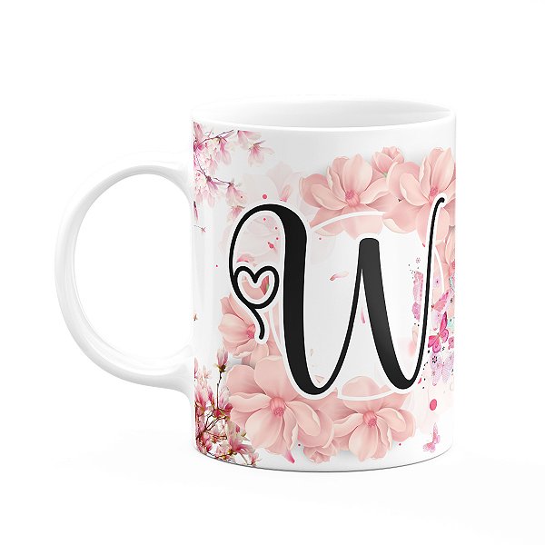 Caneca Floral Religiosa - Inicial do nome letra W - 325ml