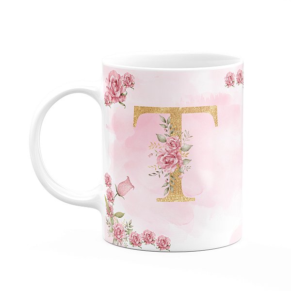Caneca Floral Mães - Inicial do nome letra T - 325ml