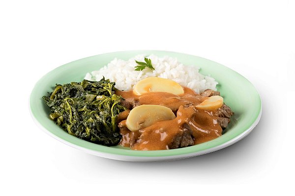 STROGONOFFE DE BABY BEEF -  Espinafre Refogado - Arroz Branco