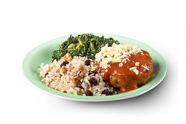 POLPETTONE DE FRANGO AO SUGO - Arroz com Nozes e Passas - Espinafre Refogado