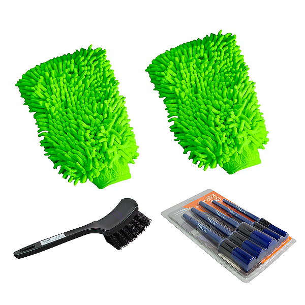 Kit Completo de Limpeza Automotiva Torquehammer - 4 Itens (2 Luvas de Microfibra ( cor aleatória ) + Escova de Rodas + Kit 5 Escovas de Detalhamento)