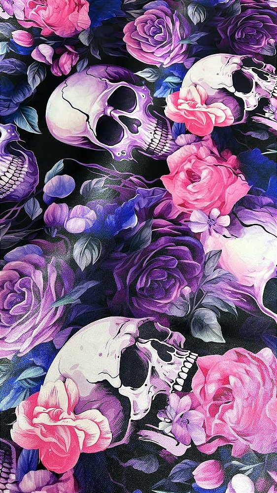 Cetim Estampado Caveiras e Rosas