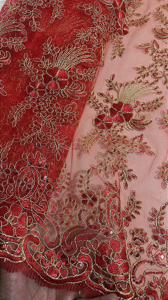 Tule Vermelho com Dourado Paetê Luxo