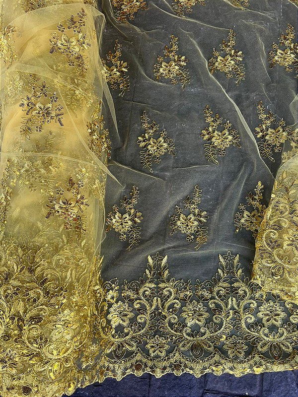 Tule Amarelo com Dourado Bordado