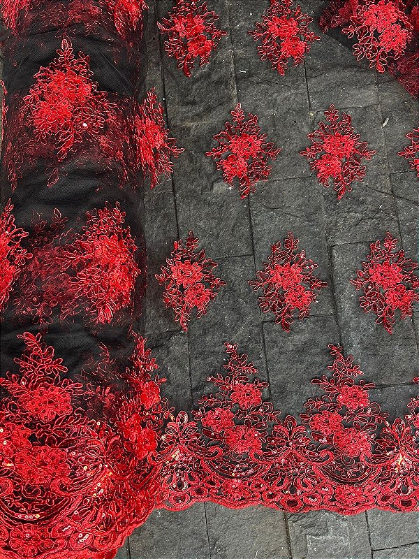 Tule Preto com Vermelho Bordado