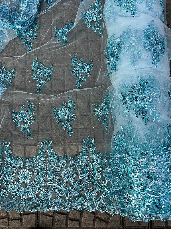Tule Azul Bordado