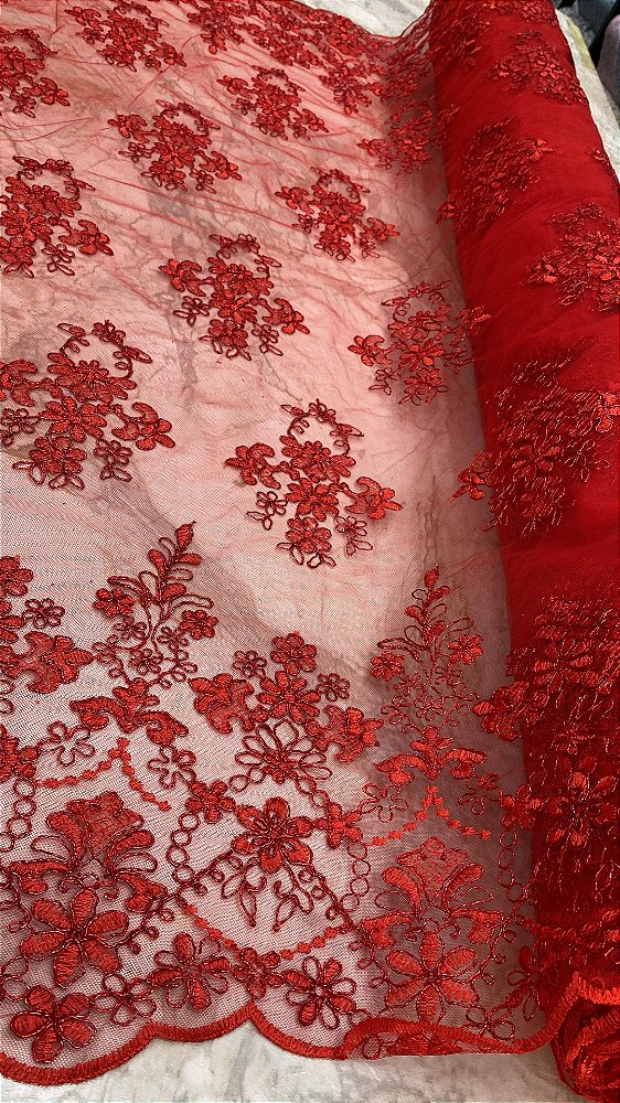 Tule Vermelho fio Metálico Bordado