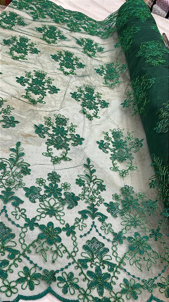 Tule Verde fio Metálico Bordado