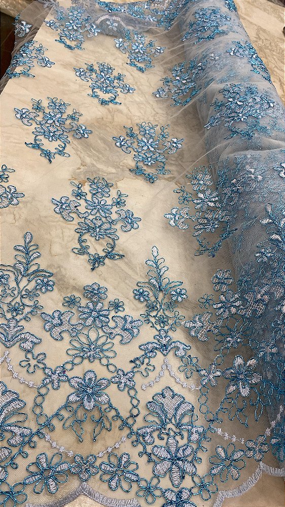 Tule Azul fio Metálico Bordado