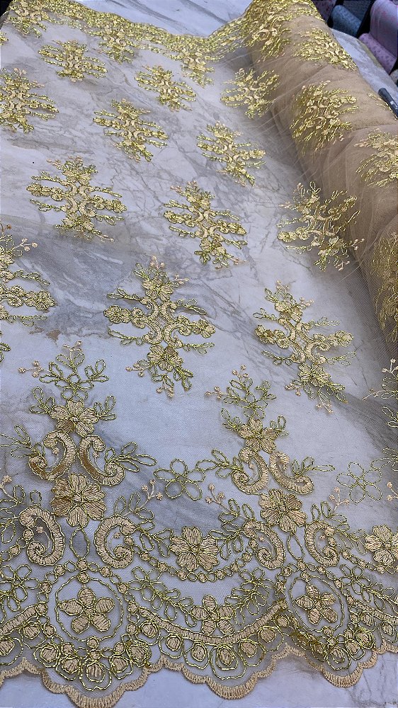 Tule Dourado fio Metálico Bordado