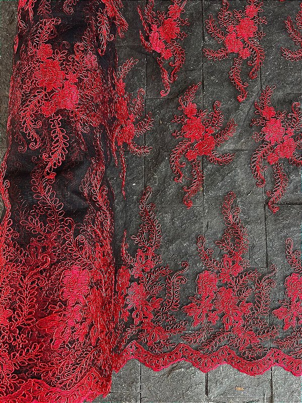 Tule Preto Fio Metálico Vermelho *PROMOÇÃO*