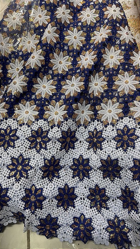 Africano Branco com Azul e Dourado Bordado Luxo