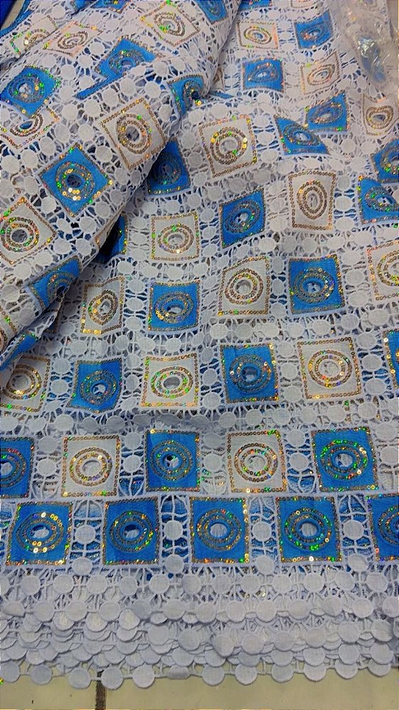 Africano Branco com Azul e Dourado Bordado Luxo