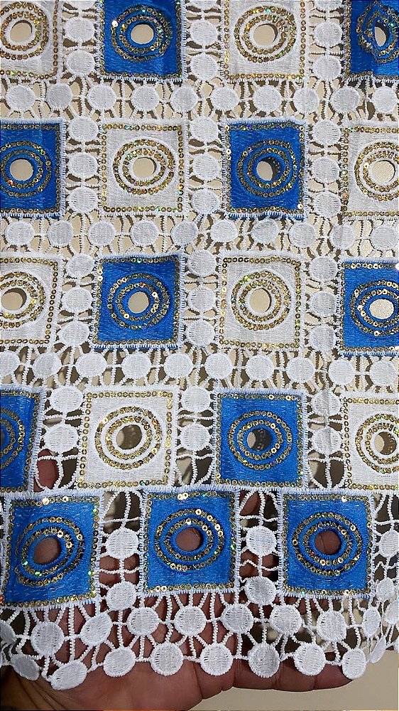 Africano Branco com Azul e Dourado Bordado Luxo
