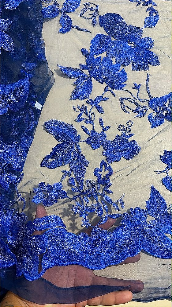 Tule Azul com Prata Bordado