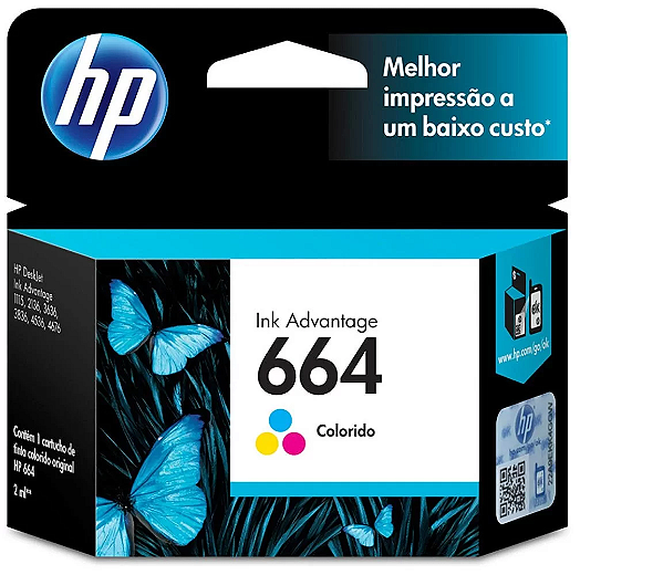 Cartucho HP 664 Colorido Original (F6V28AB) Para HP Deskjet Ink Advantage 1115, 2134, 2136, 2676, 3636, 3776, 3786, 3788, 3790, 3836, 4536, 4676, 5076, 5276