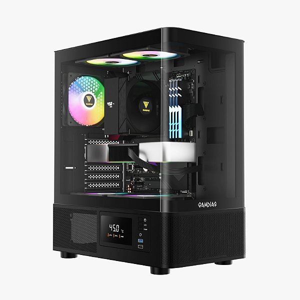 Gabinete Gamer Gamdias Atlas E2 CG Preto Vidro Curvo Com 3 Fans ARGB Display Integrado