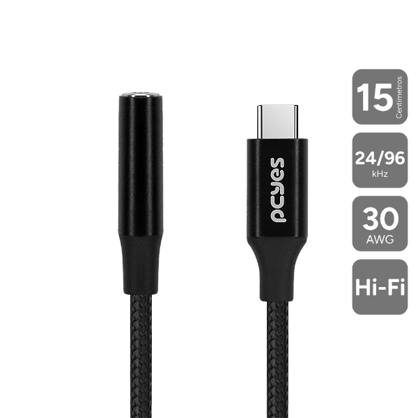 Cabo Adaptador Usb Tipo-C Para P3 Fêmea Hifi - Preto - 15Cm - Nylon - P3Ucp-15P