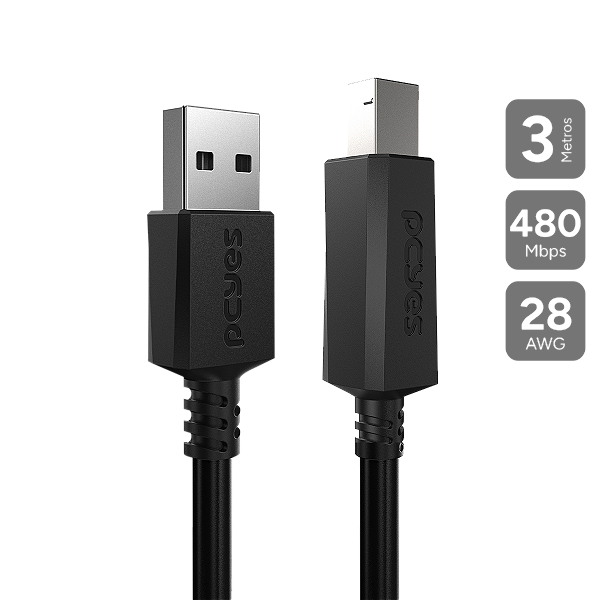 Cabo p/ Impressora Usb A 2.0 p/ Usb B 2.0 - 3 Metros - Puabm2-3