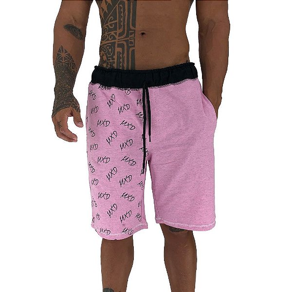 Bermuda Masculina Moletom MXD Conceito Estampado Lateral Rosa Mesclado