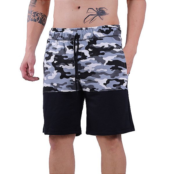 Bermuda Masculina Moletom MXD Conceito Bicolor Camuflado Cinza e Preto