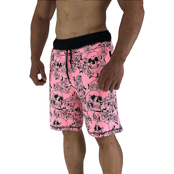 Bermuda Masculina Moletom MXD Conceito Caveira e Flores Rosa