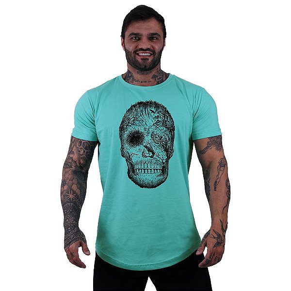 Camiseta Longline Masculina Manga Curta MXD Caveira Florestal