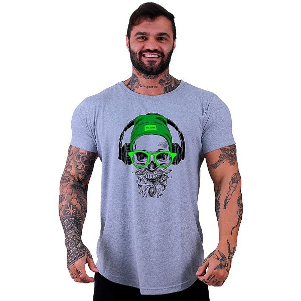 Camiseta Longline Masculina Manga Curta MXD Conceito Green Glasses Skull