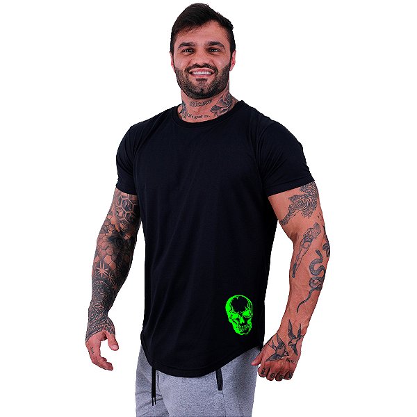 Camiseta Longline Masculina MXD Conceito Estampa Lateral Caveira Fluorescente