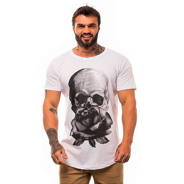 Camiseta Longline Masculina MXD Conceito Limitada Caveira e Rosa Das Trevas