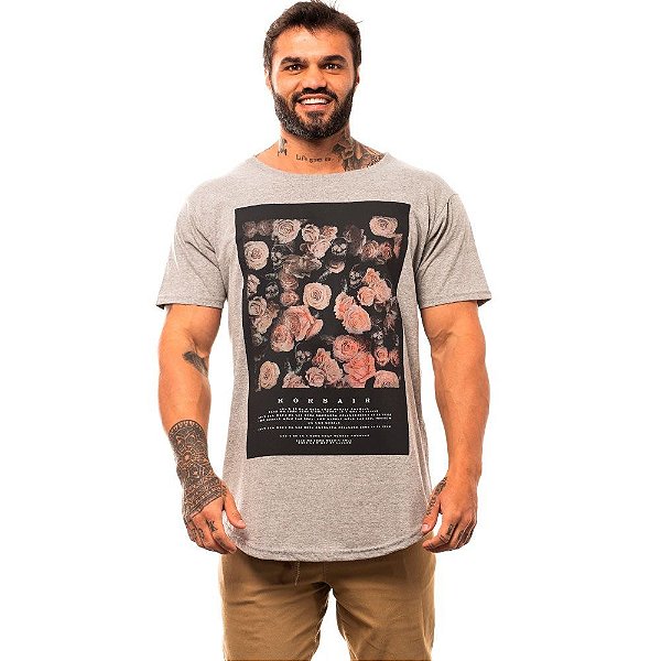 Camiseta Longline Masculina MXD Conceito Limitada Dark Skull and Flowers
