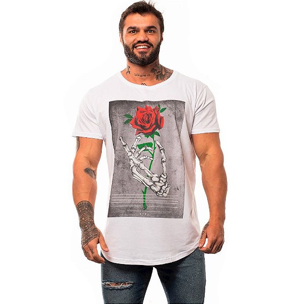 Camiseta Longline Masculina MXD Conceito Limitada Skull And Bone Roses Faith