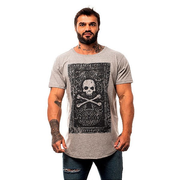 Camiseta Longline Masculina MXD Conceito Limitada Skull And Bone Roses Manuscrito Antigo