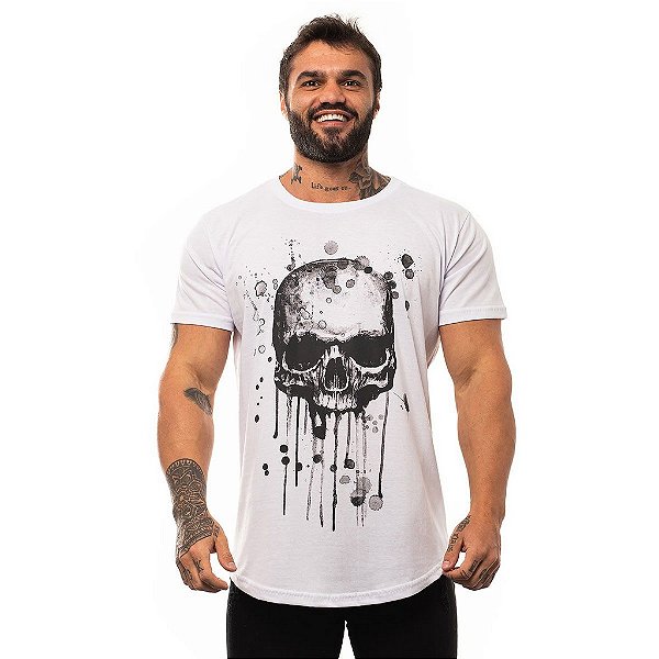 Camiseta Longline Masculina MXD Conceito Limitada Skull Gotas Artísticas