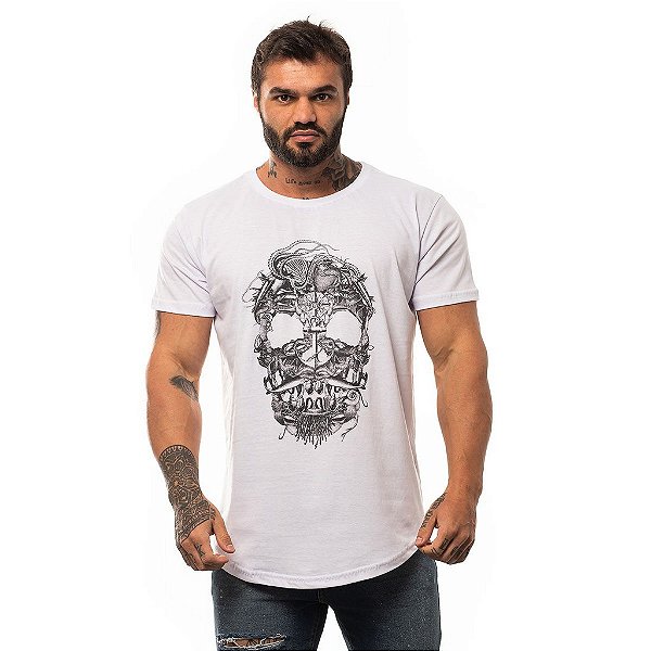 Camiseta Longline Masculina MXD Conceito Limitada Skull Sea Elements