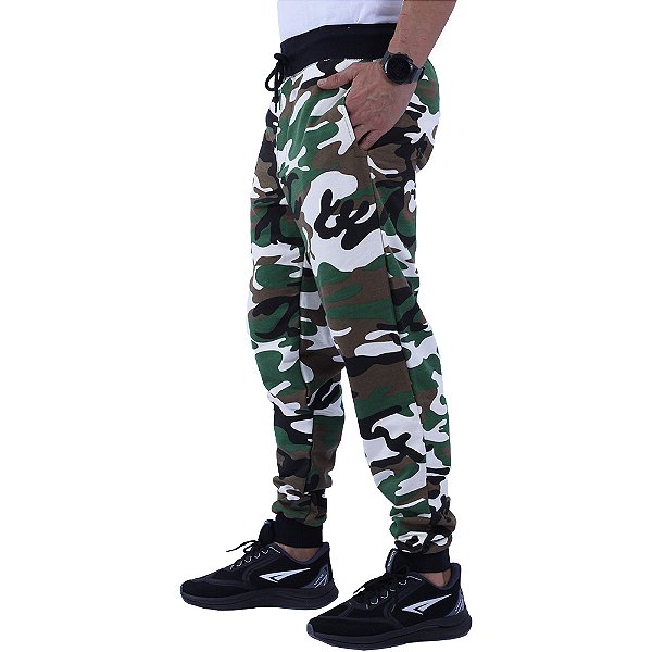 Calça Masculina Moletom MXD Conceito Camuflado Verde Detalhes Pretos