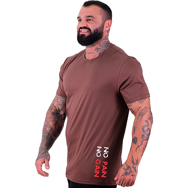 Camiseta Tradicional Masculina MXD Conceito Estampa Lateral No Pain No Gain Vertical