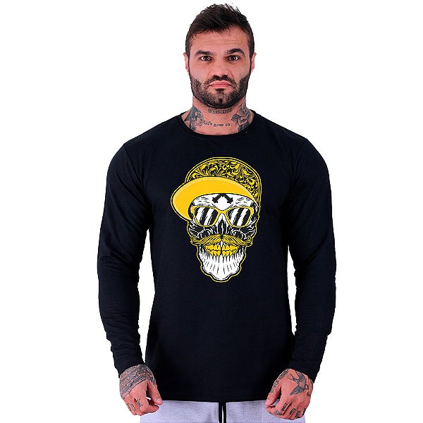 Camiseta Manga Longa Moletinho MXD Conceito Big Smile Skull Óculos Escuro