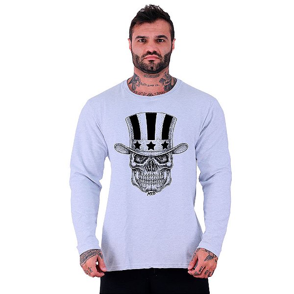 Camiseta Manga Longa Moletinho MXD Conceito Caveira Com Cartola