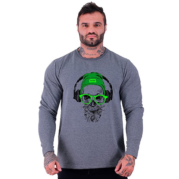 Camiseta Manga Longa Moletinho MXD Conceito Caveira De Headset