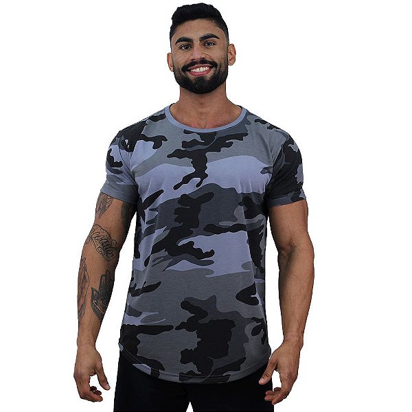 Camiseta Longline Malha PV Poliviscose Masculina MXD Conceito Camuflado Cinza Black Militar