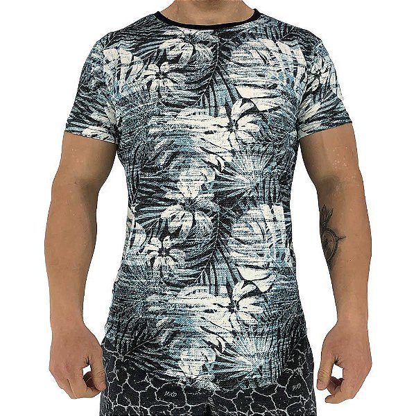 Camiseta Longline Fullprint Masculina MXD Conceito Folhas Azuis